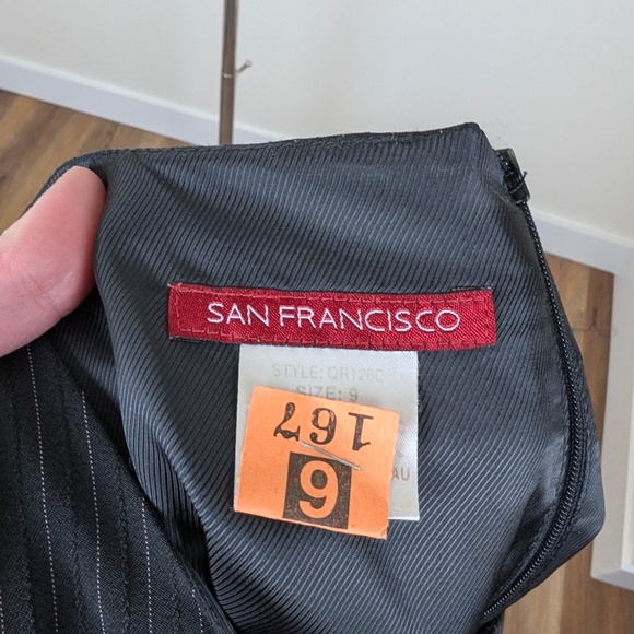 90s Pinstripe Mini Dress Short Thigh Length High Neckline Pleated Fitted Stripes - Picture 7 of 14